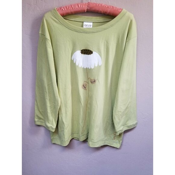 New Lauriejo Designs Womens Medium Handpainted Sunflower Top 3/4 Sleeve Lime USA - Picture 1 of 8